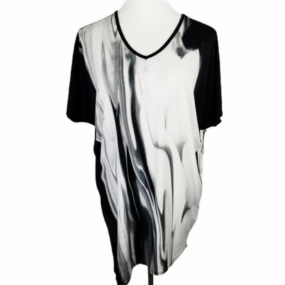 Fylo London Women's Small‎ Grey Marble Digital Print V-Neck Tunic Top Black